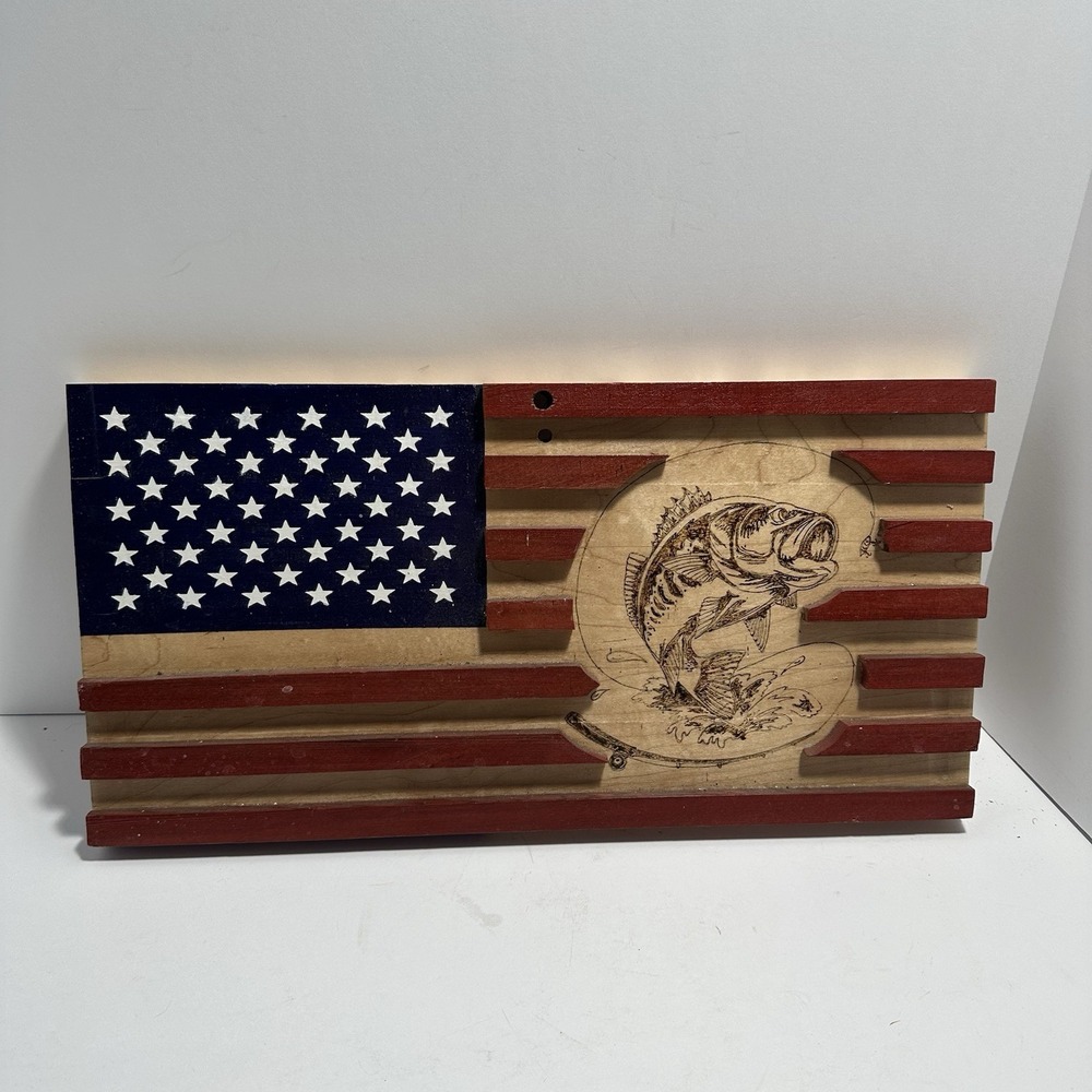 Handmade Wooden American Flag‎ With Bass Decor Sign Mancave Garage Sign Fish USA